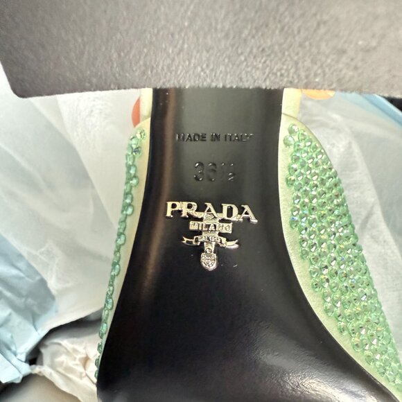 Prada 1XX642 Satin Crystal Embellished Acqua Slide Heel Sandals, 36.5 - Picture 12 of 14